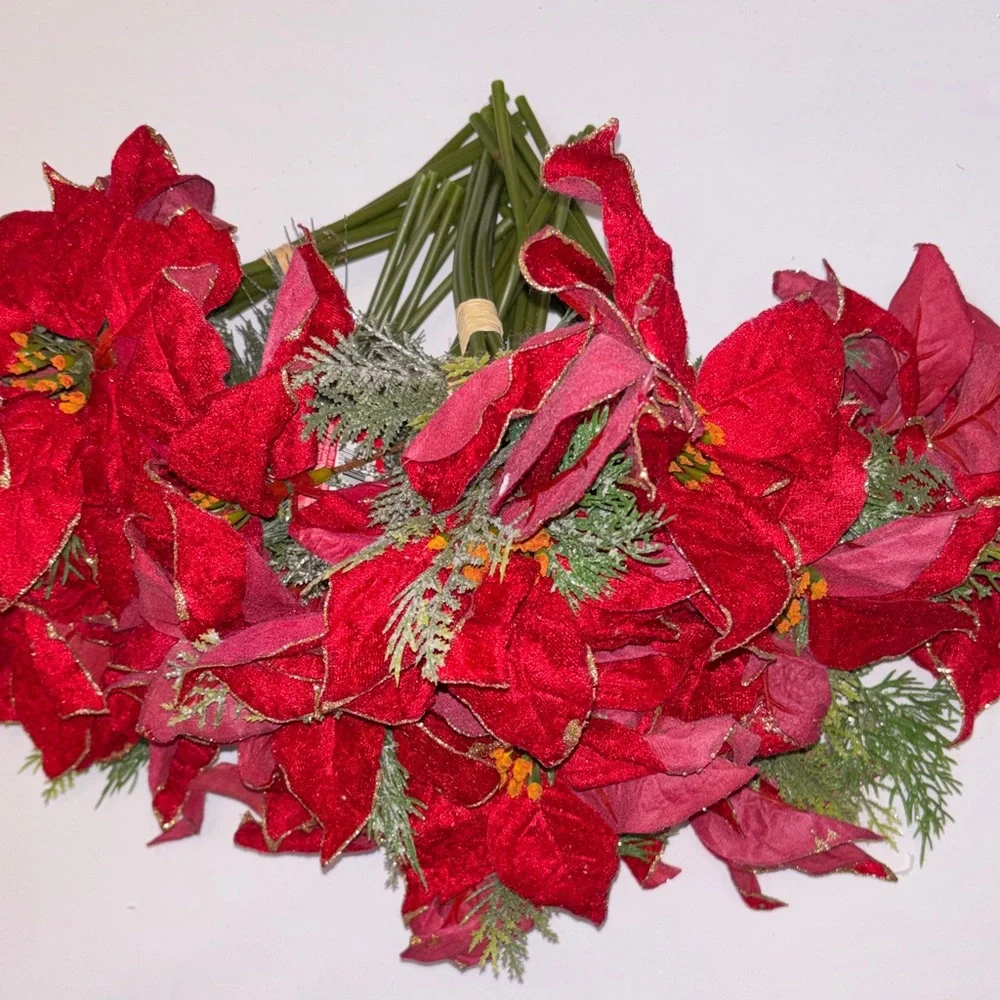 Red Poinsettia Floral Bouquet Set of 7 Red Velvet Gold edge poinsettia bouquets